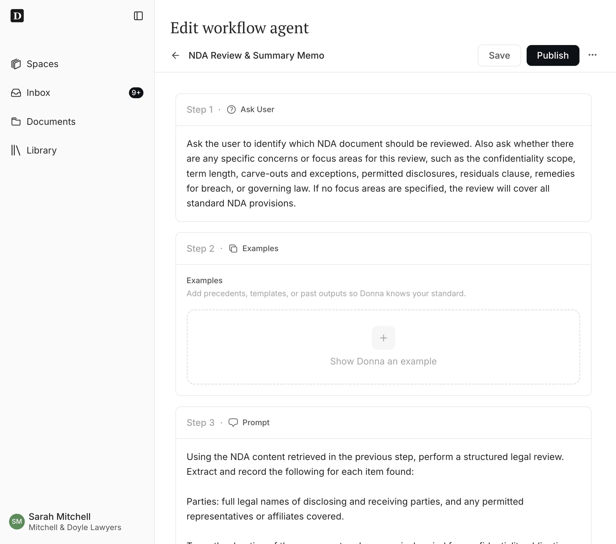 The Workflow Agent builder in Donna showing an NDA Review and Summary Memo agent: a step asking the user which NDA to review, an examples step, and a plain-language review prompt.